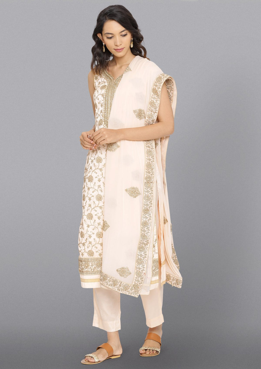 Peach Zariwork Chanderi Designer Salwar Suit-Koskii