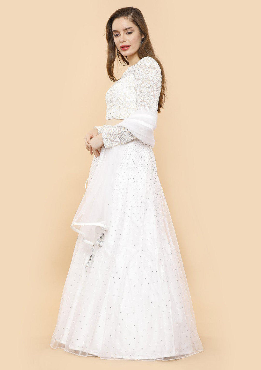 koskii ivory pearl and stone work lehenga-Koskii