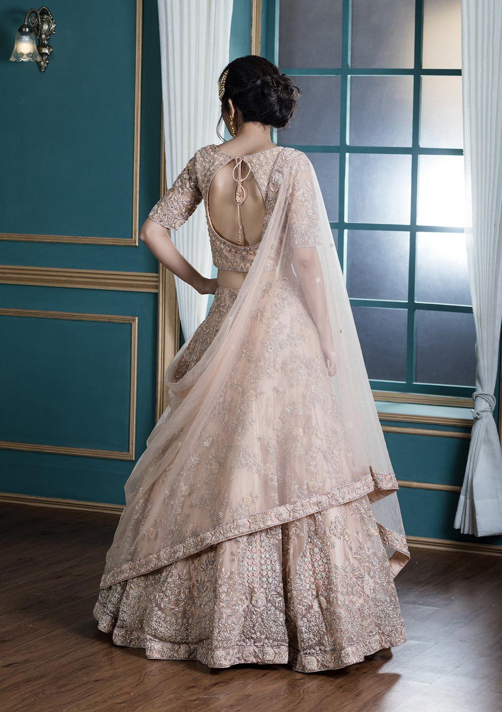 Peach Pink Embellished Net Designer Lehenga-Koskii