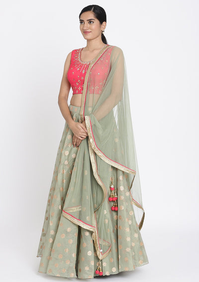 Pista Green And Pink Mirrorwork Tissue Designer Lehenga - koskii