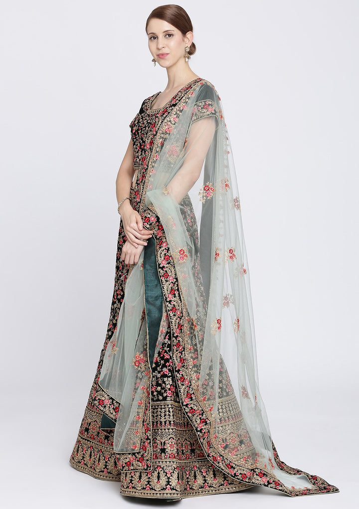 Bottle Green Stonework Velvet Designer Lehenga-Koskii
