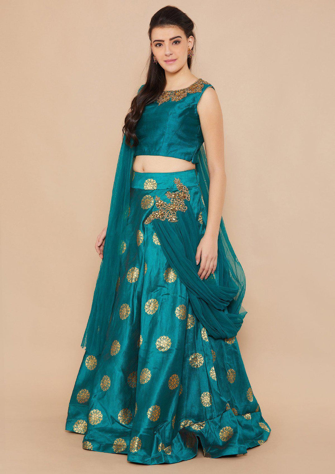 Green Stonework Raw-Silk Designer Lehenga-Koskii