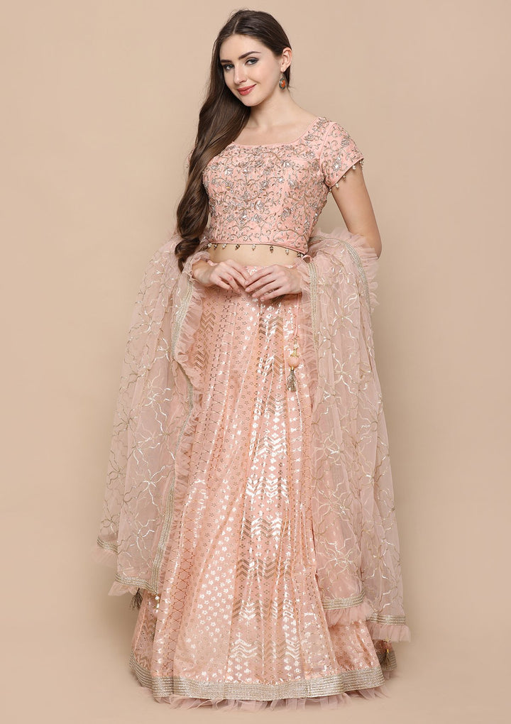 Peach Pink Cutdana Work Brocade Designer Lehenga-Koskii