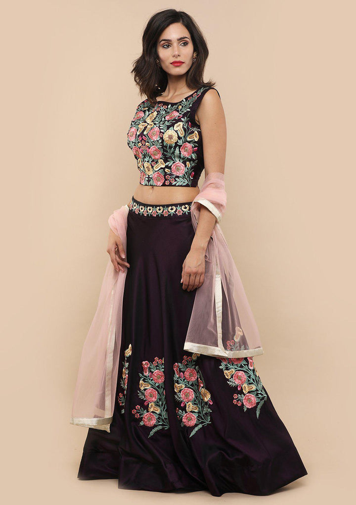 Wine Floral Stone Work Silk Designer Lehenga-Koskii