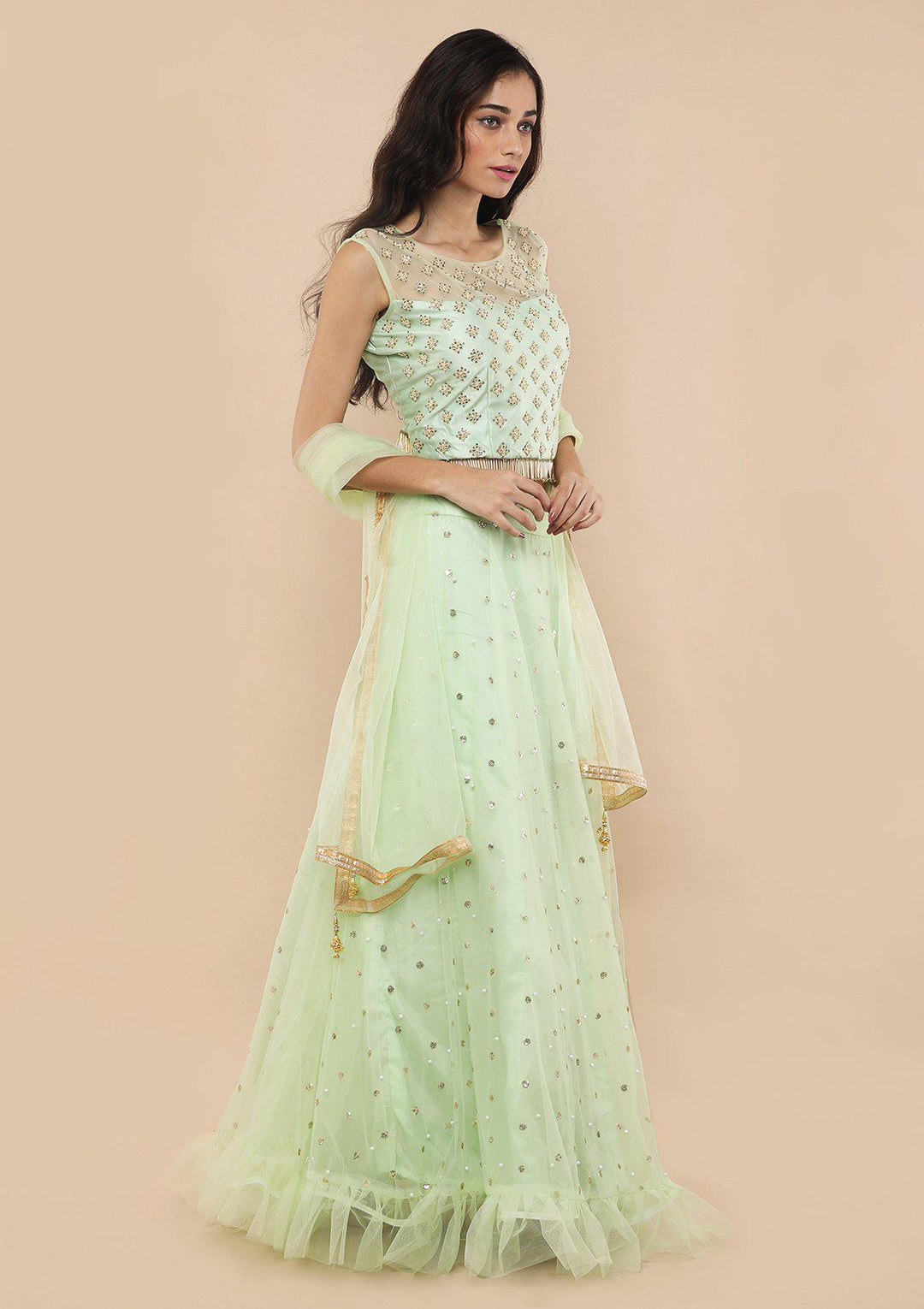 Pista Green Zardozi Work Silk Designer Lehenga-Koskii