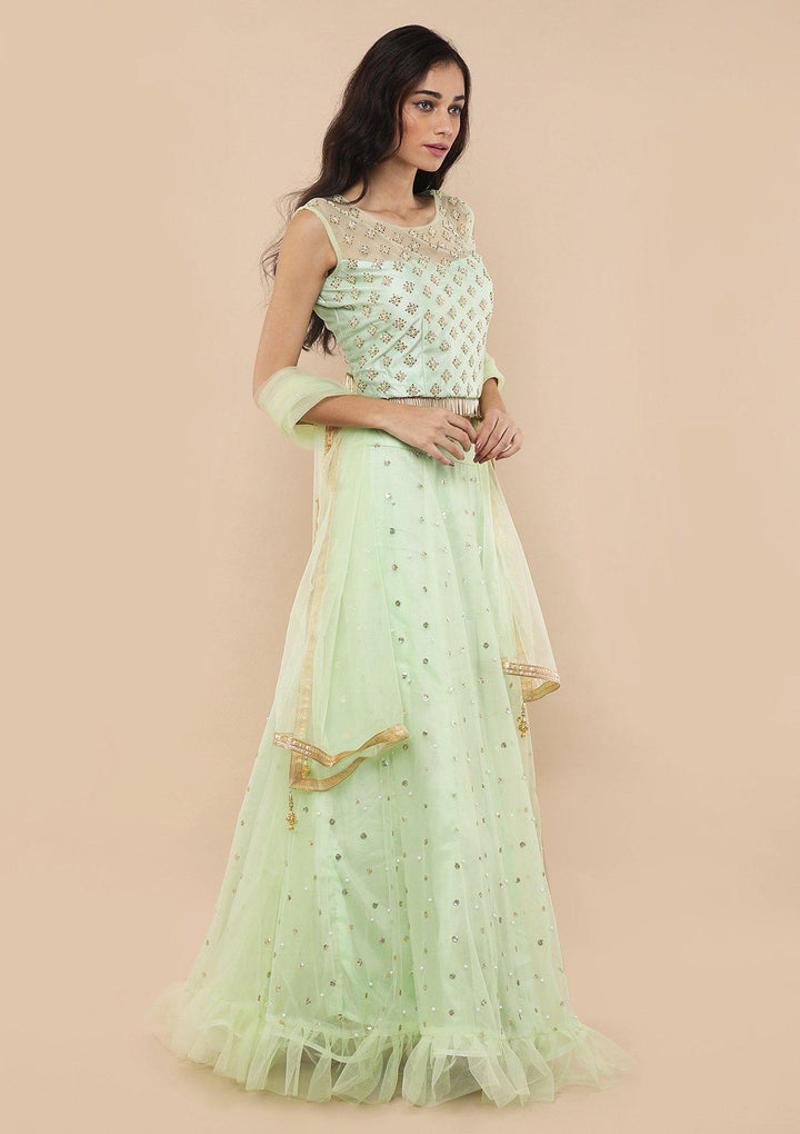 Pista Green Zardozi Work Silk Designer Lehenga-Koskii