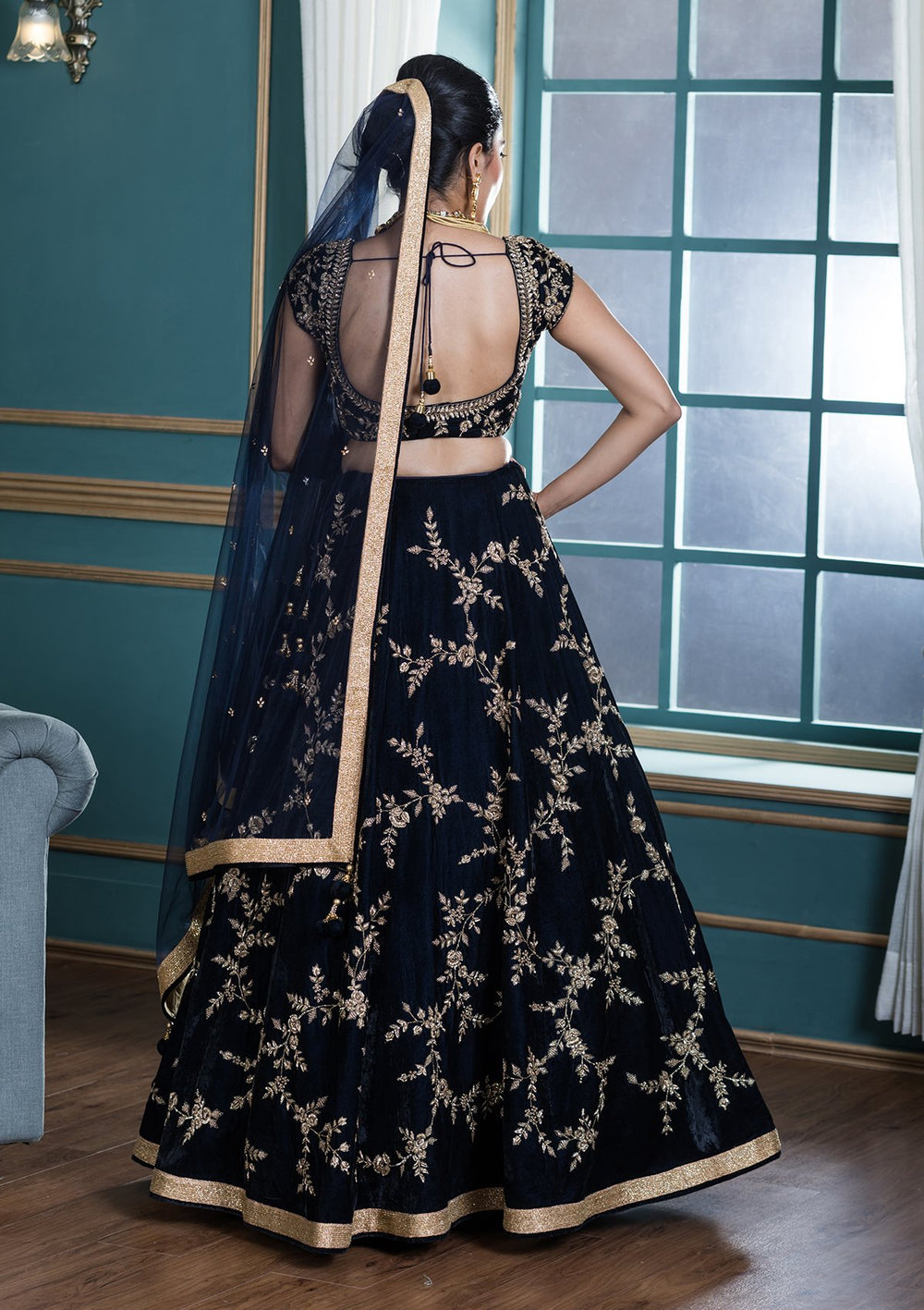 Blue Stone Work Velvet Designer Lehenga-Koskii