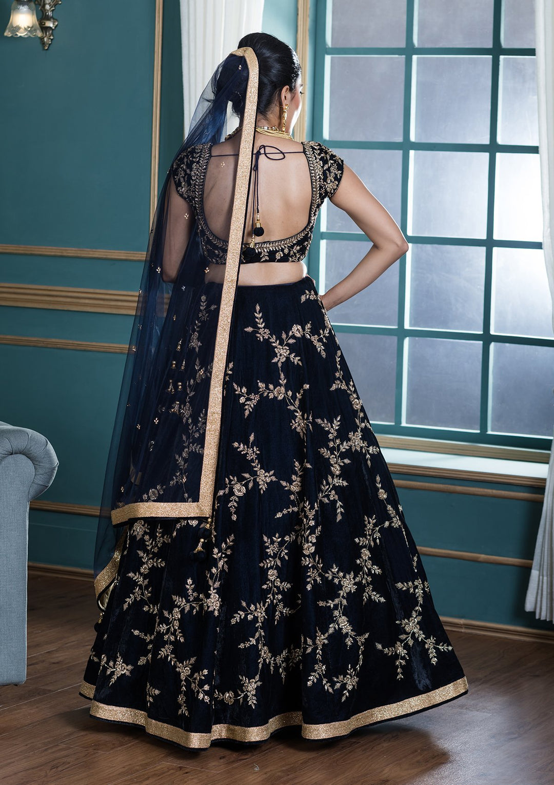 Blue Stone Work Velvet Designer Lehenga-Koskii