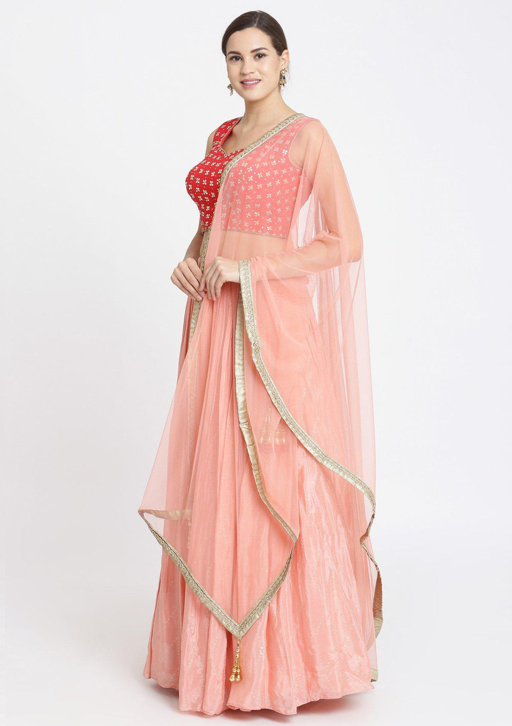 Peach and Fuschia Mirrorwork Satin Designer Lehenga-Koskii
