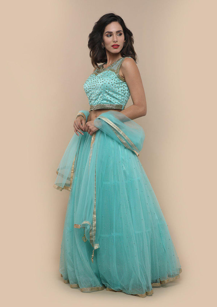 Sea Green Pearl Work Net Designer Lehenga-Koskii