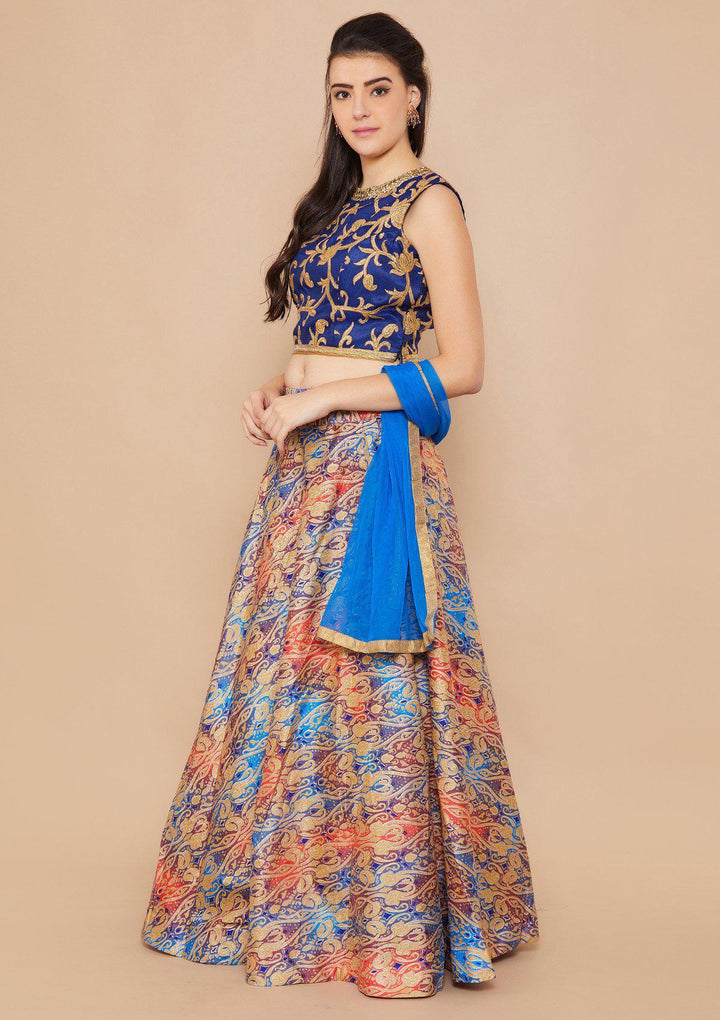 Blue and Gold Brocade Designer Lehenga-Koskii
