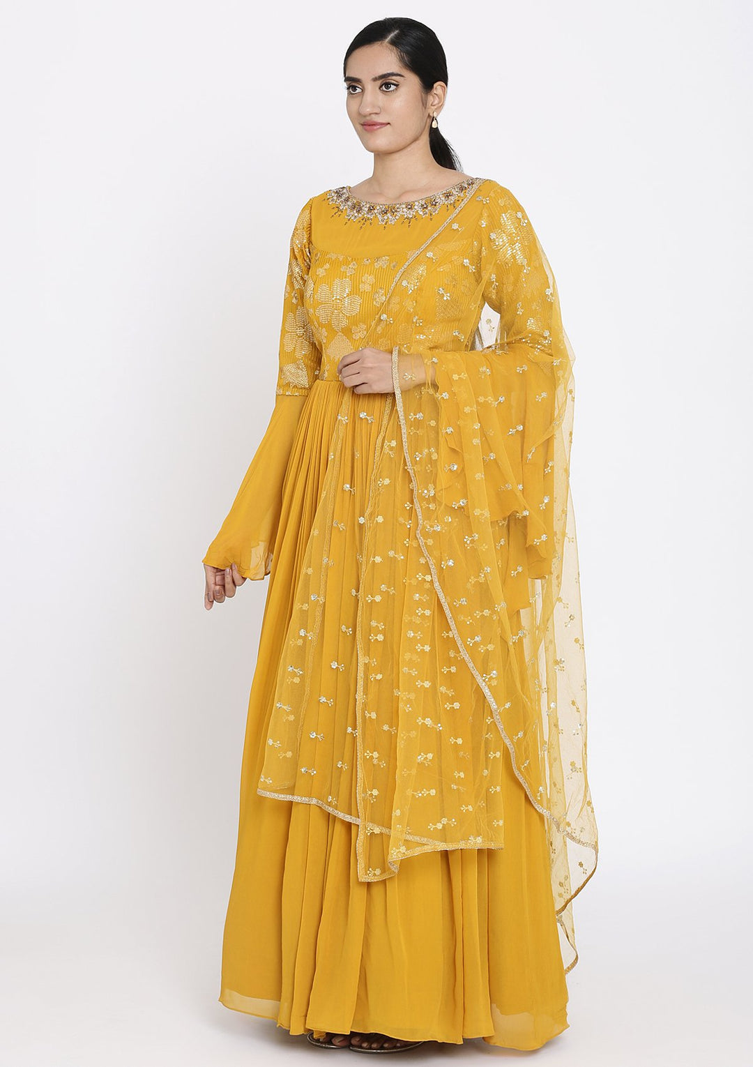 Mustard Sequins Georgette Designer Gown - koskii