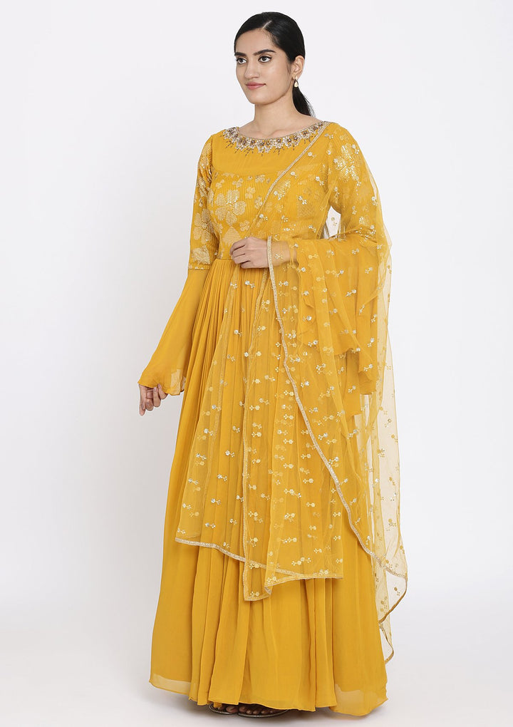 Mustard Sequins Georgette Designer Gown - koskii