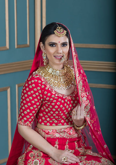 Coral Pink Pearl Embellished Designer Bridal Lehenga-Koskii