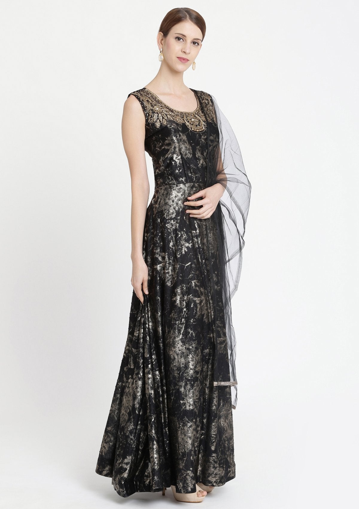 Black Stonework Lycra Designer Gown-Koskii
