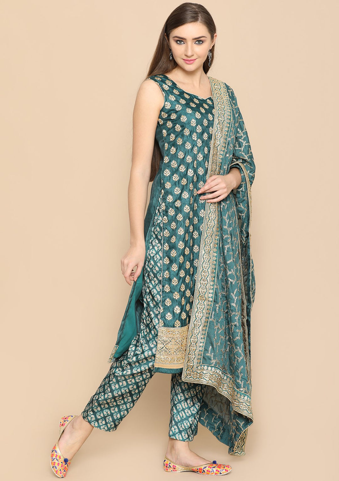 bottle green and gold designer salwar suit-Koskii