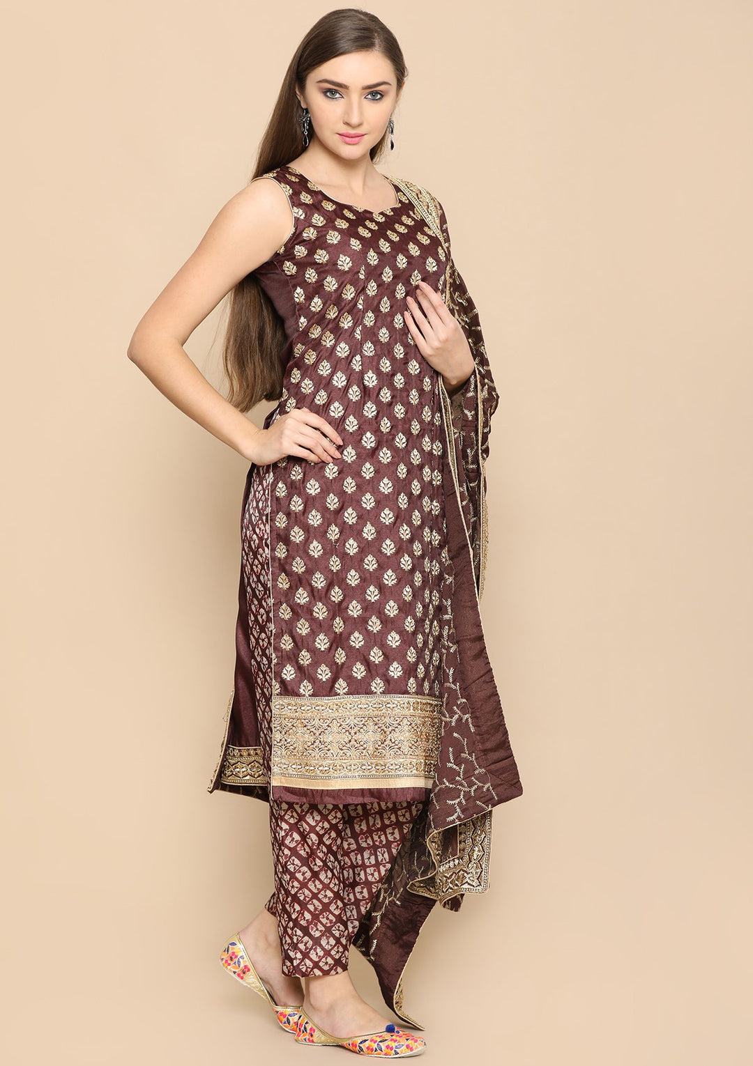 brown and gold designer salwar suit-Koskii