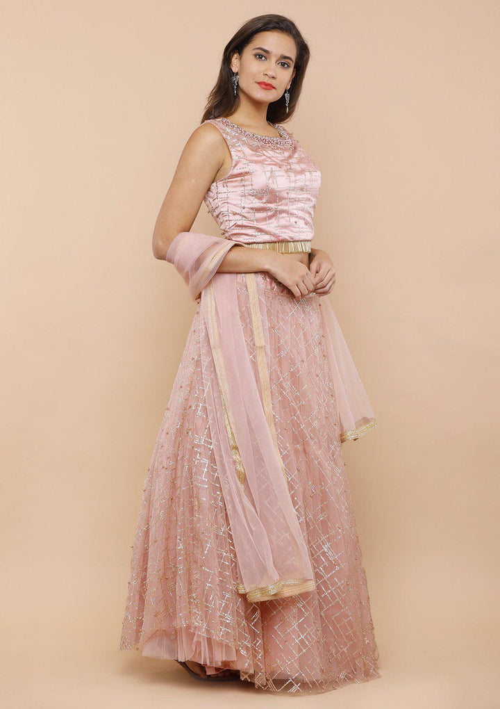 Pink Pearlwork Net Designer Lehenga-Koskii