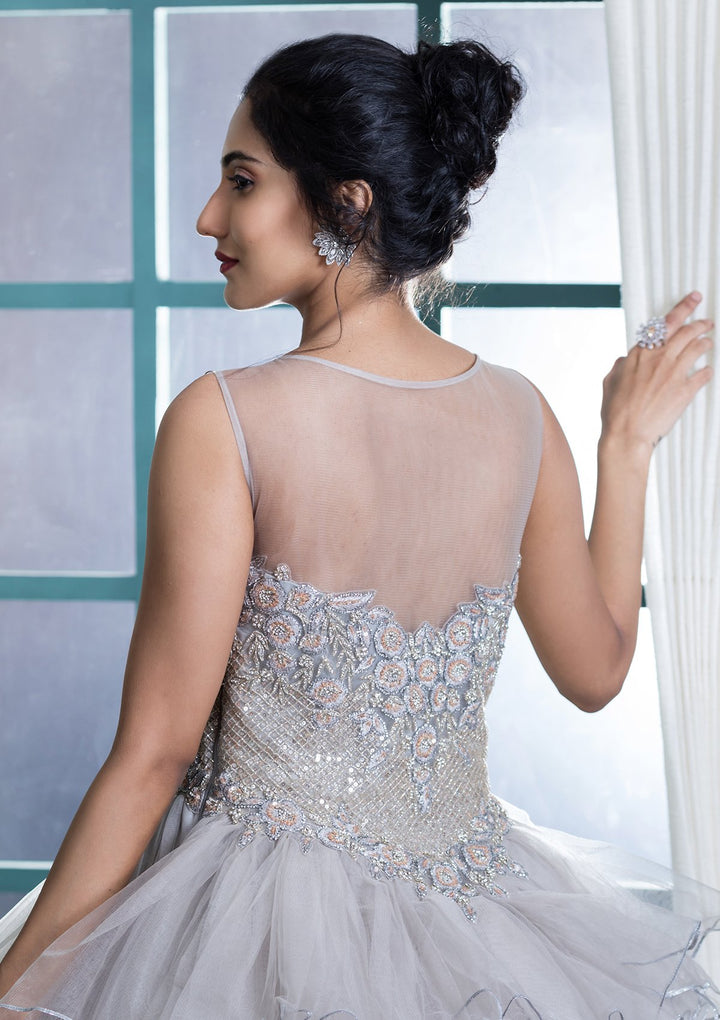 Grey Lace Work Net Designer Gown-Koskii