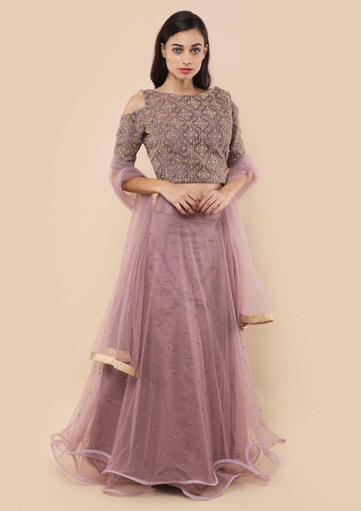 Lavender Pearl Studded Silk Designer Lehenga-Koskii