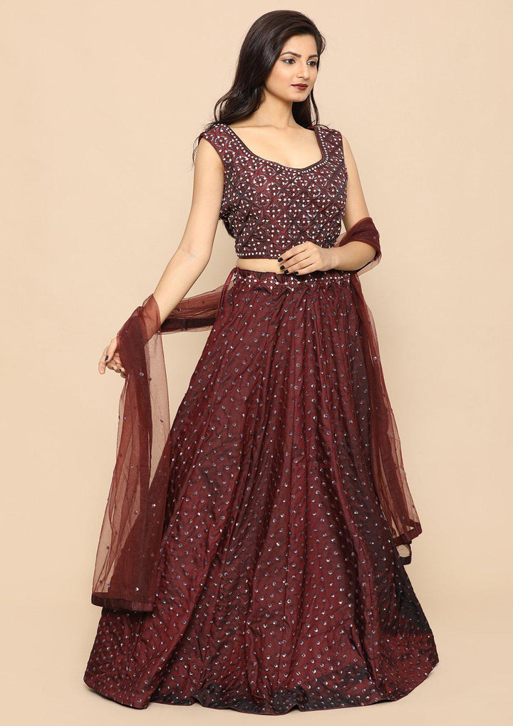 Brown Sequinned Silk Designer Lehenga-Koskii