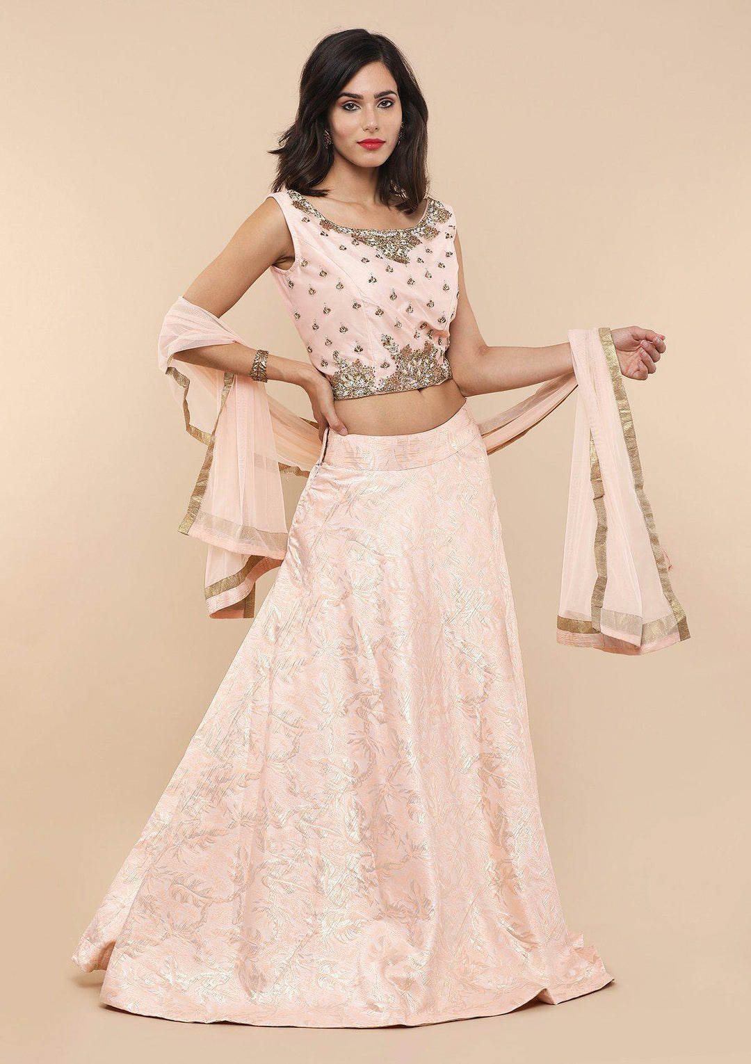 Peach Embellished Brocade Designer Lehenga-Koskii