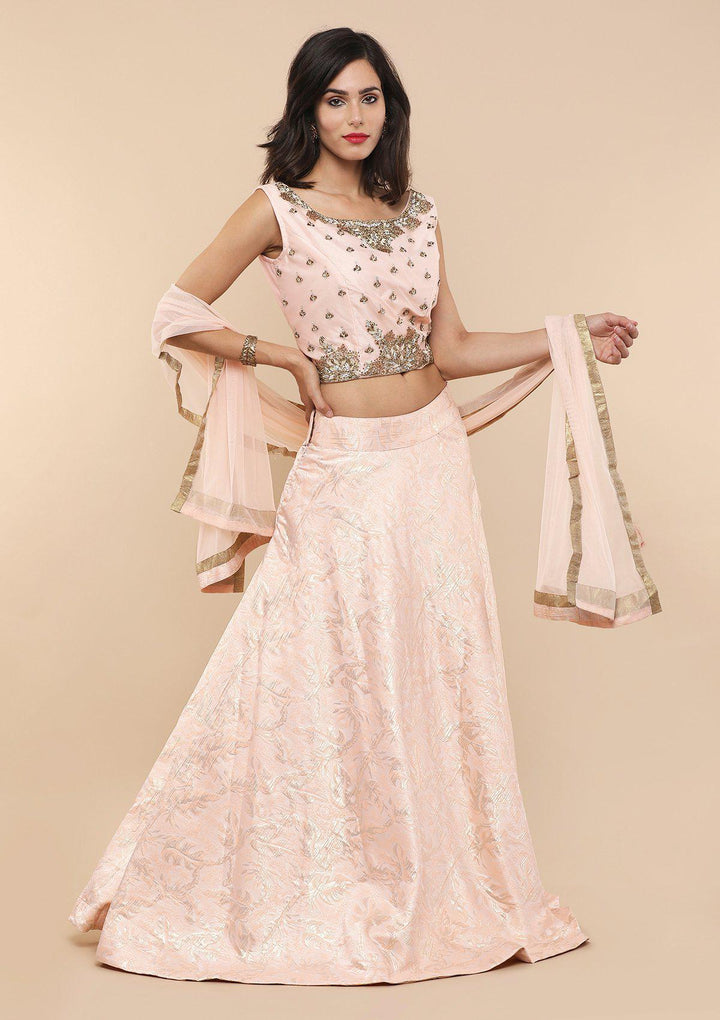 Peach Embellished Brocade Designer Lehenga-Koskii