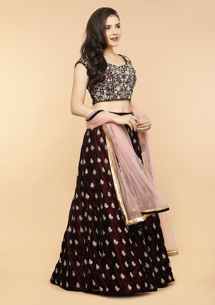 Wine and Gold Velvet Designer Lehenga-Koskii
