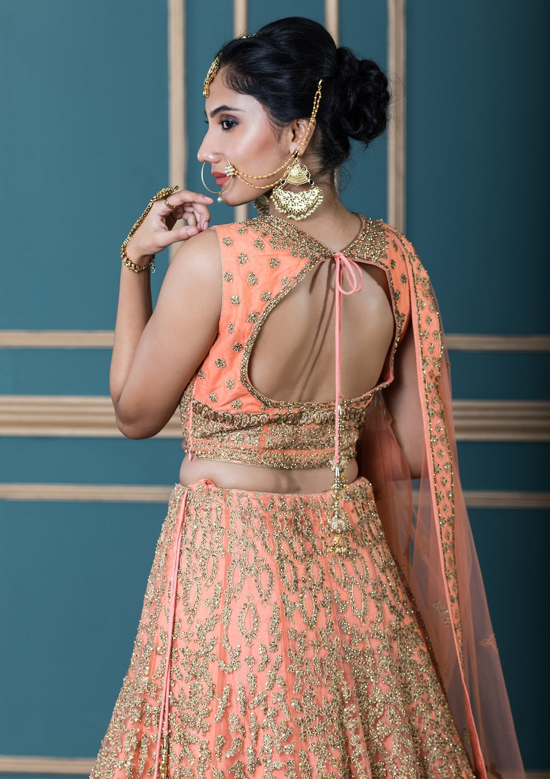 Peach Embellished Net Designer Lehenga-Koskii