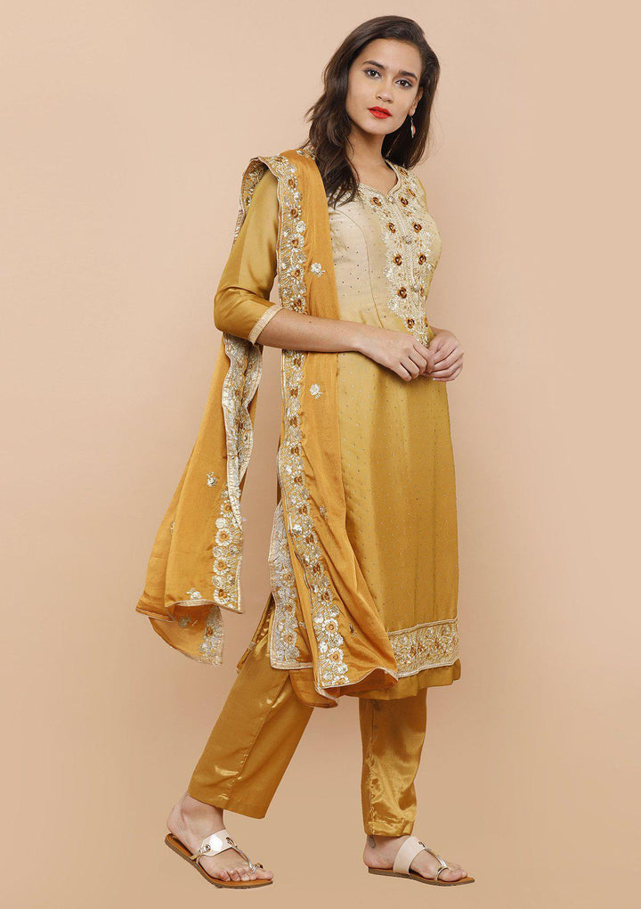 Mustard and Beige Silk Designer Salwar Suit-Koskii