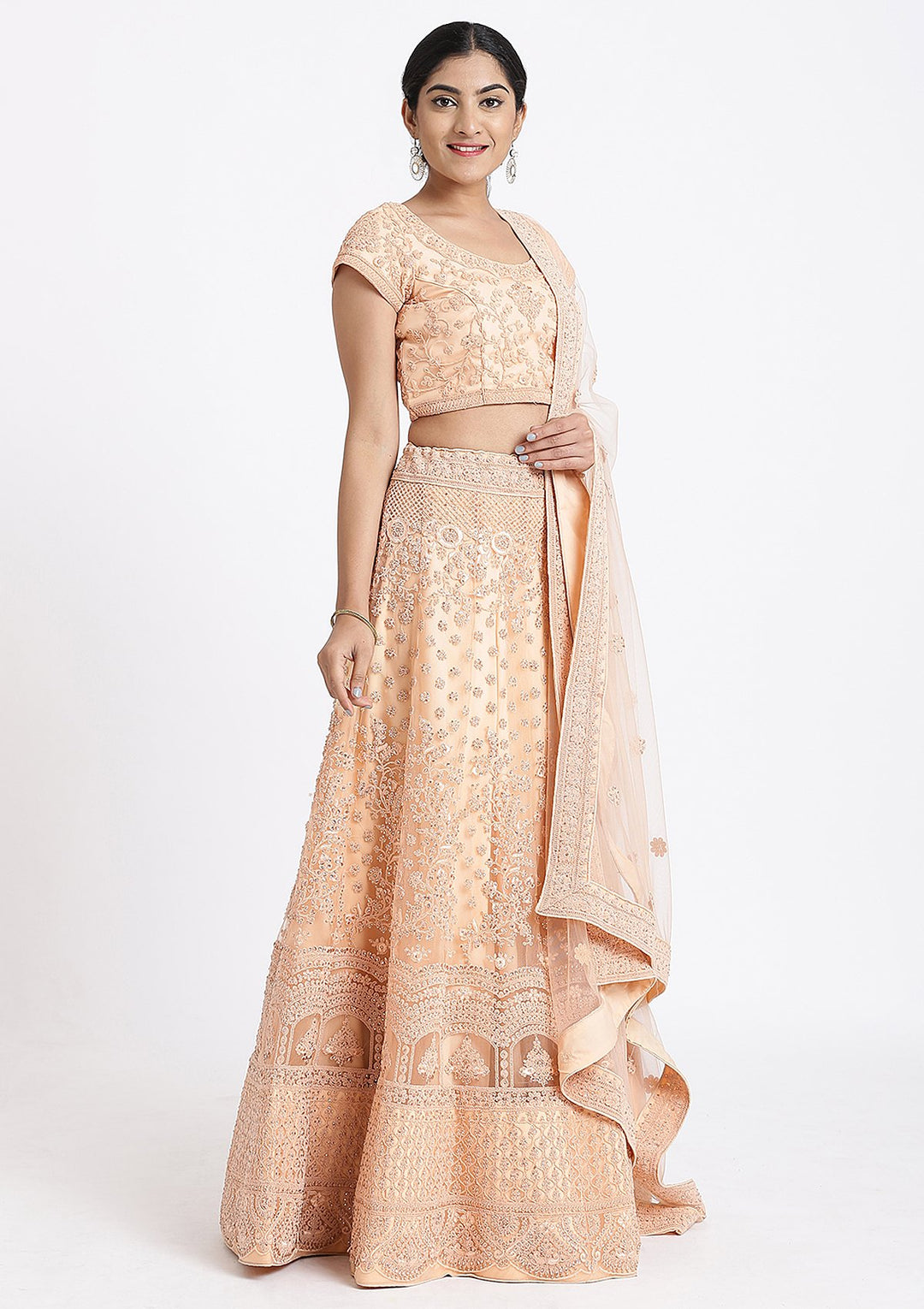 Peach Threadwork Net Designer Lehenga-Koskii