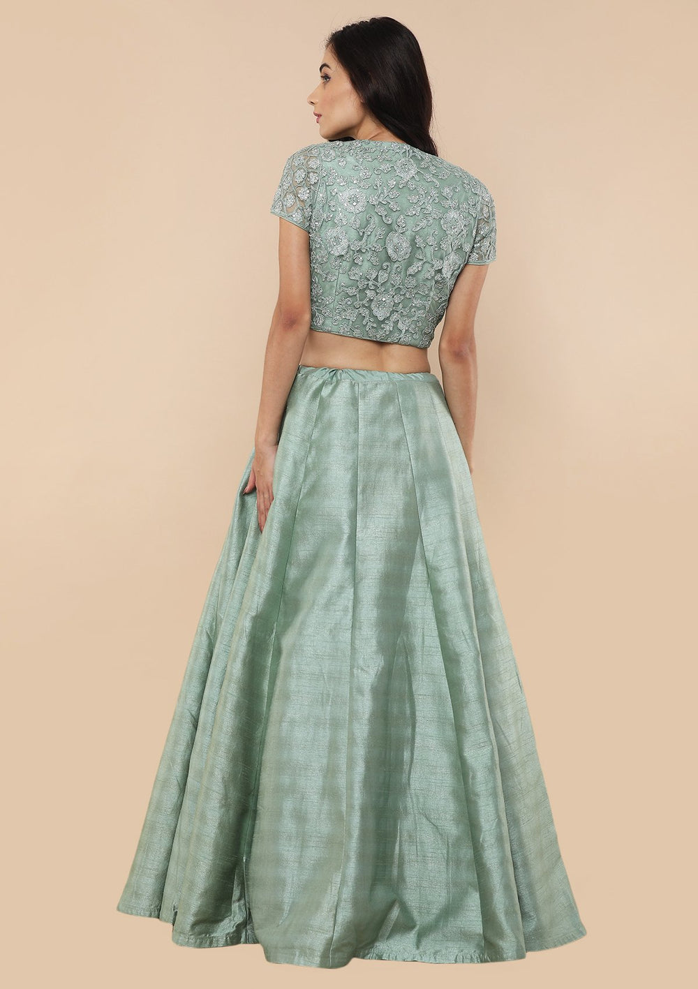 Teal Green Silver Zari Work Silk Designer Lehenga-Koskii