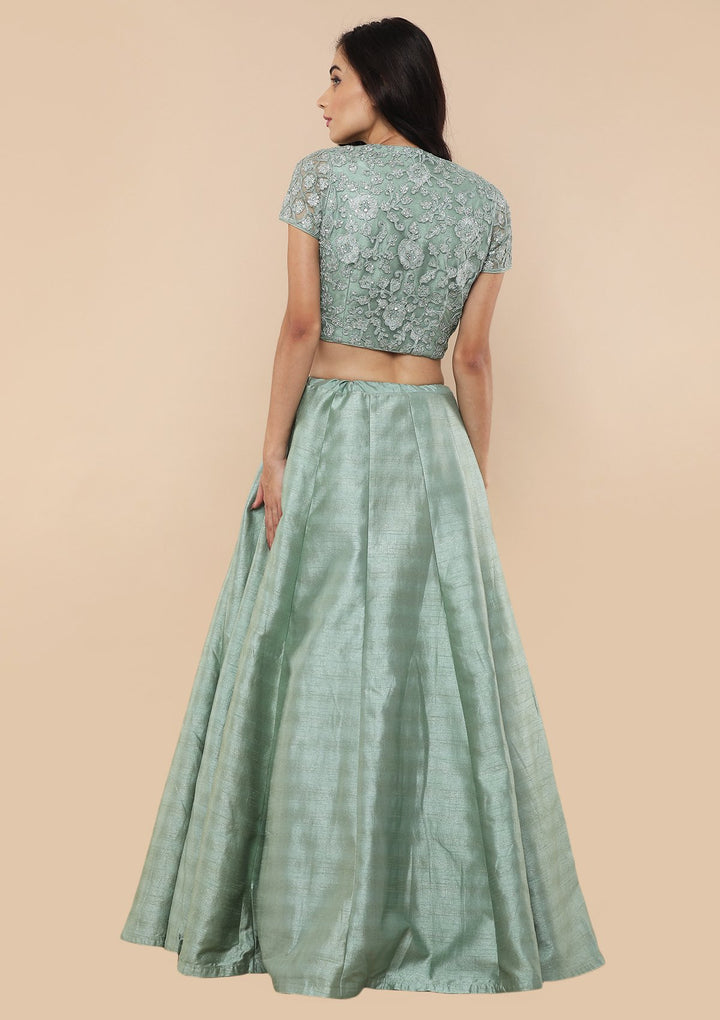 Teal Green Silver Zari Work Silk Designer Lehenga-Koskii