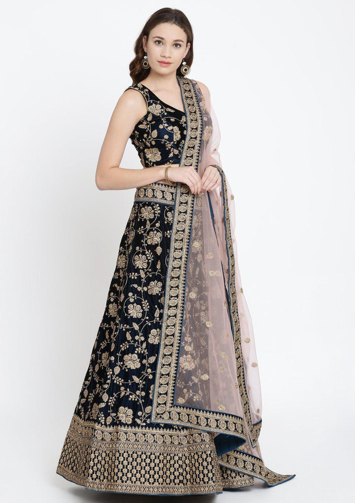 Peacock Blue Stonework Velvet Designer Lehenga-Koskii