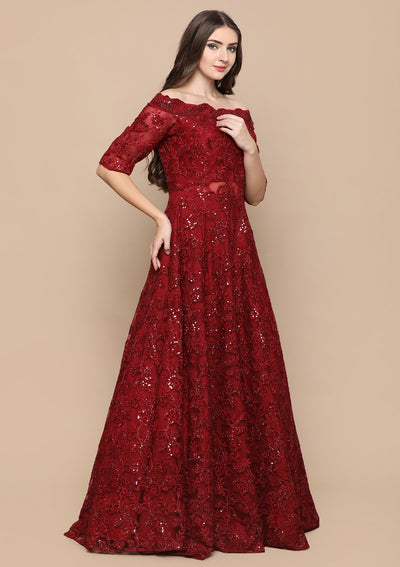 Cherry Red Thread Work Net Designer Gown-Koskii
