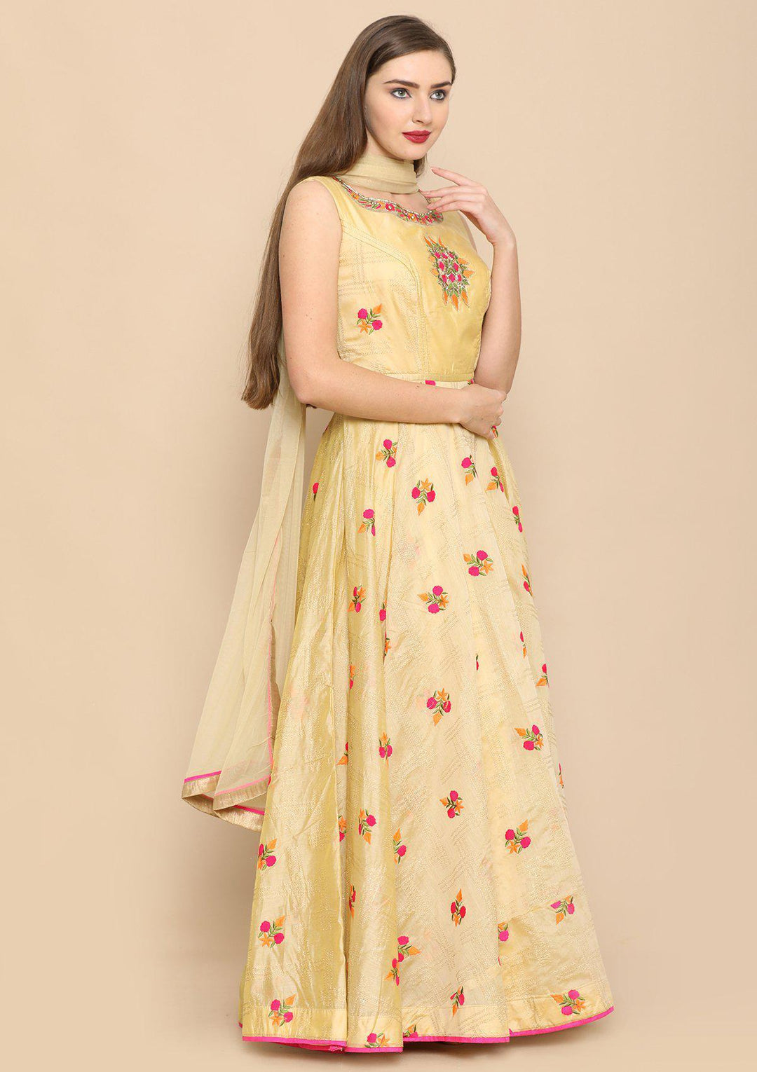 Yellow Thread Work Tissue Designer Gown-Koskii