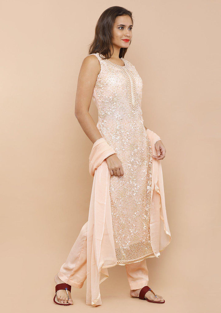 Peach Pearlwork Net Designer Salwar Suit-Koskii