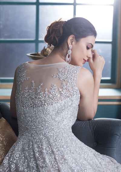White Zardozi Work Net Ball Gown-Koskii