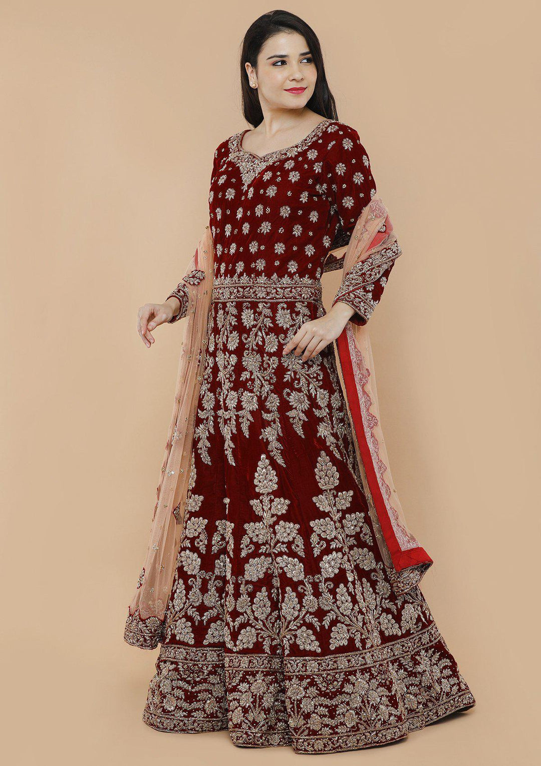 Maroon Zardozi Velvet Designer Gown-Koskii