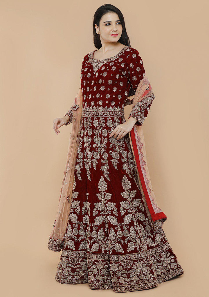 Maroon Zardozi Velvet Designer Gown-Koskii
