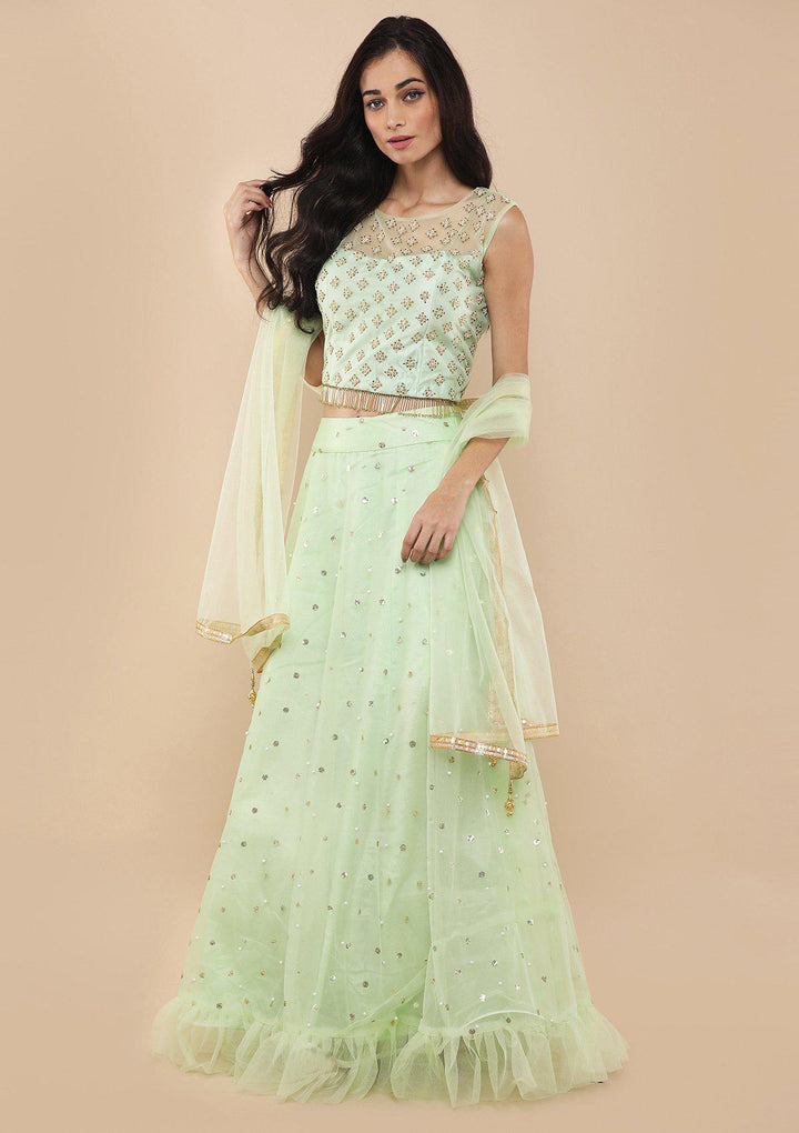 Pista Green Zardozi Work Silk Designer Lehenga-Koskii