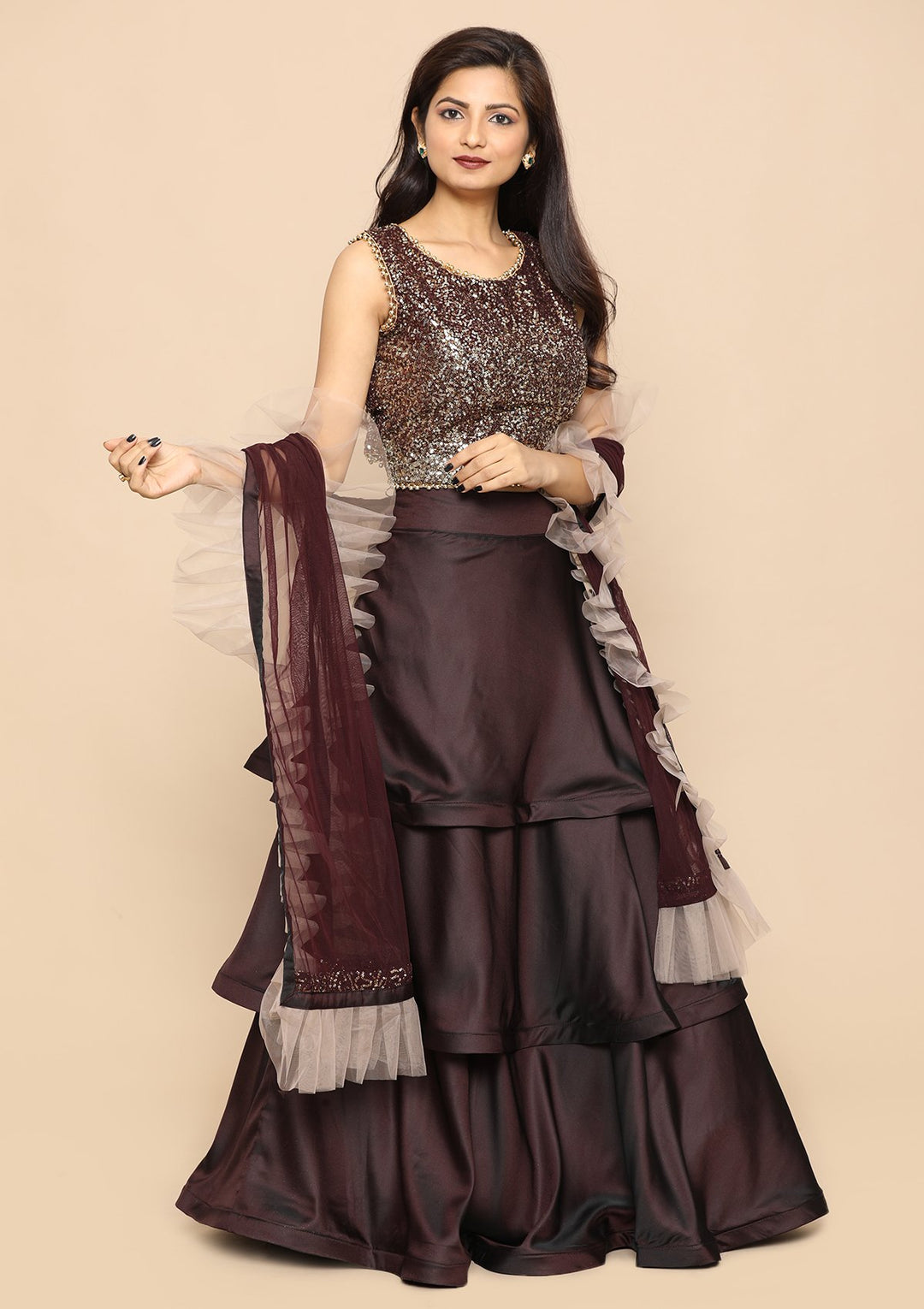 Wine Sequinned Top And Tiered Lehenga-Koskii