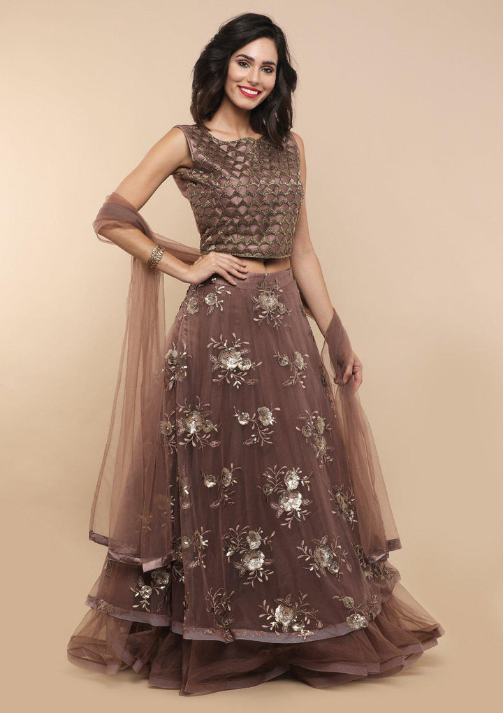 Dark Mauve Floral Net Designer Lehenga-Koskii