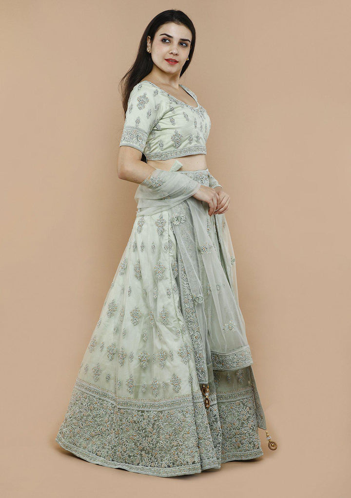 Fern Green Threadwork Silk Designer Lehenga-Koskii
