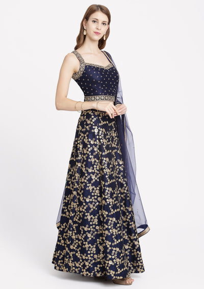 Navy Blue Stonework Rawsilk Designer Lehenga-Koskii