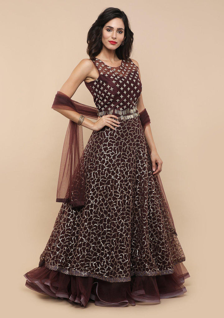 Wine Cutdana Raw Silk Designer Lehenga-Koskii
