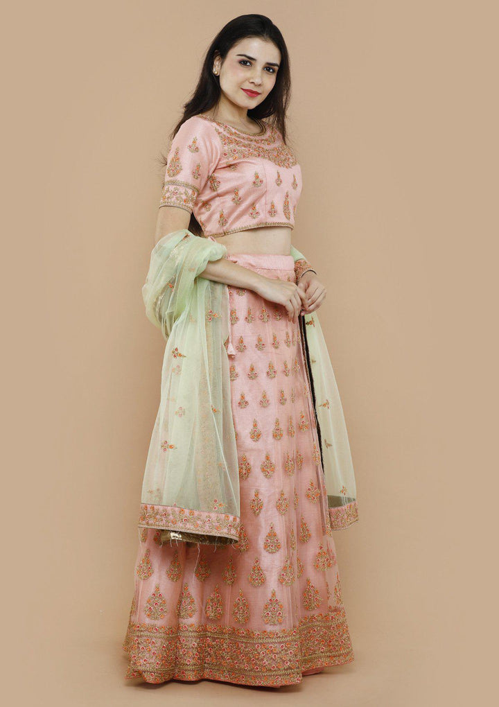 koskii pink net floral work lehenga-Koskii