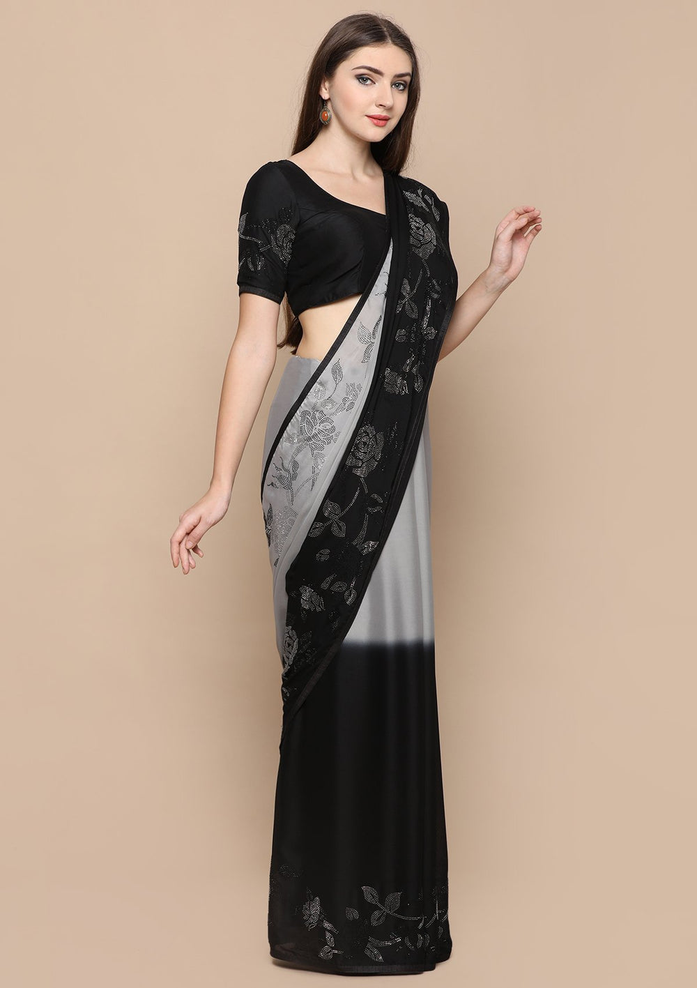 Black and Grey Floral Crepe Designer Saree-Koskii