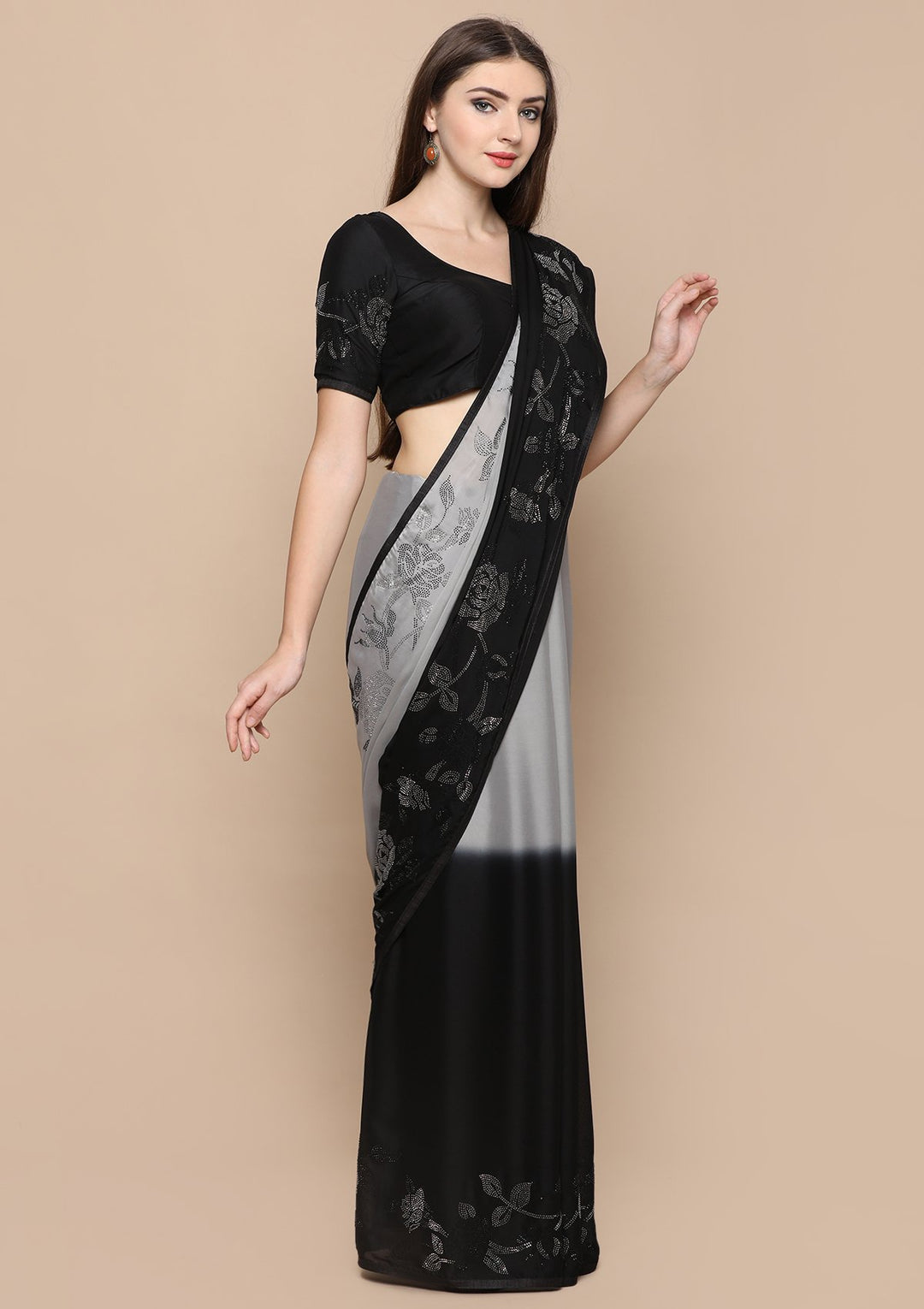 Black and Grey Floral Crepe Designer Saree-Koskii