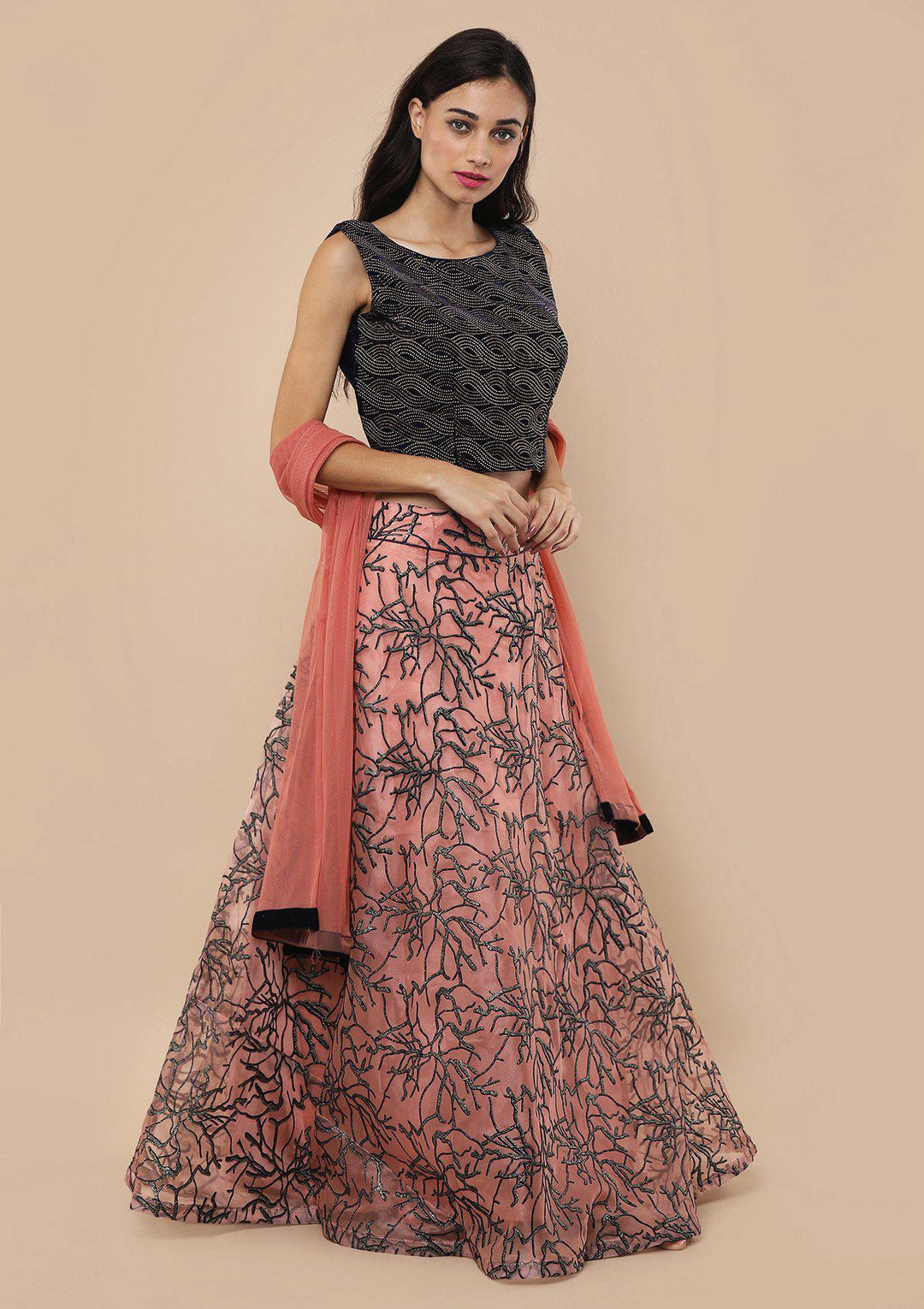 Pink Zari Work Velvet Net Lehenga-Koskii